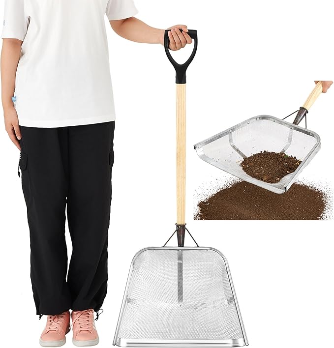Teenyyou Leaking Soil Shovel Filter 0.08 Inch/ 2 mm Mesh 43.3''L Chicken Poop Scooper Stainless Steel Sieve Sifting Shovel with D Grip Wood Handle for Gardening Farm Chicken Coop Goat Stall