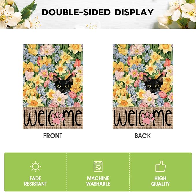 AVOIN colorlife Spring Floral Garden Flag 12x18 Inch Double Sided Outside, Black Cat Welcome Seasonal Yard Outdoor Flag