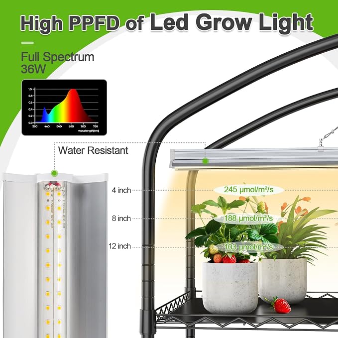 5-Tier Greenhouse with Grow Light, Shelf Height Adjustable Metal Plant Shelf with PVC Cover and Wheels, Includes 5-Pack 2900K Full Spectrum Plant Lights, 13x29x73inch