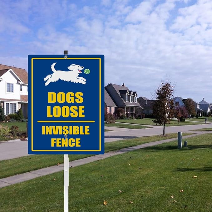 Dog Loose Invisible Fence Yard Sign With Stake Reflective Aluminum Rustproof Attention Garden Lawn Dog Sign Stand For Home Neighborhoods Garden Street Outdoor Decorations (8x12) IN