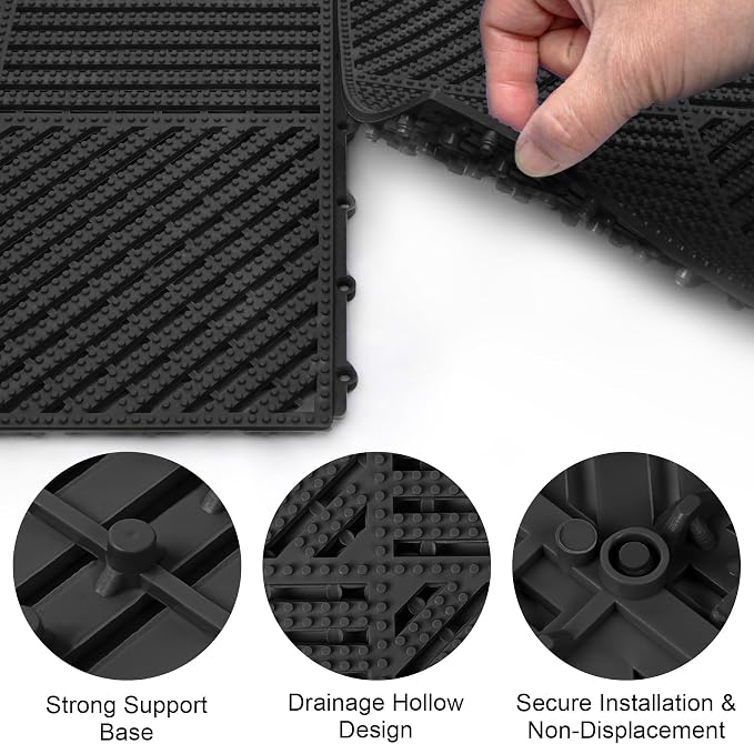 MYFAMIREA Modular Interlocking Cushion 12 Pack 11.8" x 11.8" Rubber Floor Tiles Non-Slip Splicing Drainage Mats for Deck, Pool, Shower, Patio, Balcony, Bathroom, Kitchen, Yard (2 Rows Dots, Black)
