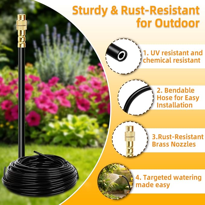 100FT 1/4" Drip Irrigation System, 2026 Upgrade Garden Irrigation Kit with 24pcs 360° Adjustable Copper Nozzles, DIY Watering System for Raised Beds, Yard, Lawn, Vegetable Gardens (100 ft)