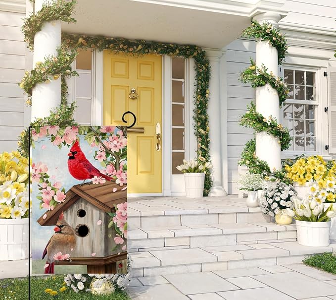 BLKWHT Spring Cardinal Bird Garden Flag 12x18 Vertical Double Sided Pink Flowers Tree Summer Farmhouse Holiday Outside Decorations Burlap Yard Flag BW792