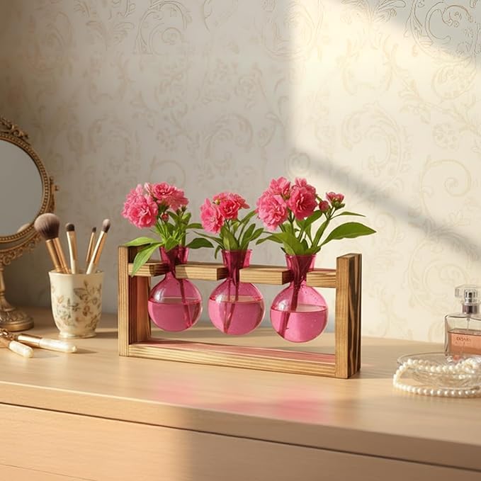 XXXFLOWER Glass Plant Terrarium Propagation Station, Gifts for Mom Plant Lovers Wife Daughter, 3 Bulb Glass Vase Plant Terrarium Tabletop for Hydroponics Home Office Indoor Decor (Pink)