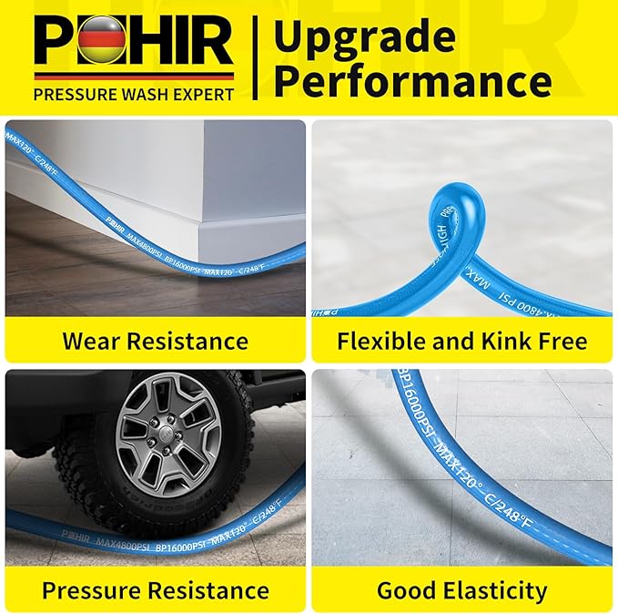 POHIR 150ft Pressure Washer Hose 3/8" 4800 PSI, Kink Resistant Industrial Grade Hose with Quick Connect Ends and Adapters for Hot & Cold Water up to 248°F, Steel Wire Braided Hose for Power Washing
