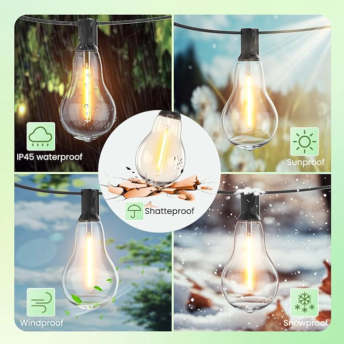 Outdoor String Lights 50FT LED String Lights for Outside with 27 A39 Waterproof Edison Bulbs (2 Spare), Patio Lights Outside Hanging for Bistro,Balcony,Porch,Yard,Garden,Black Cord