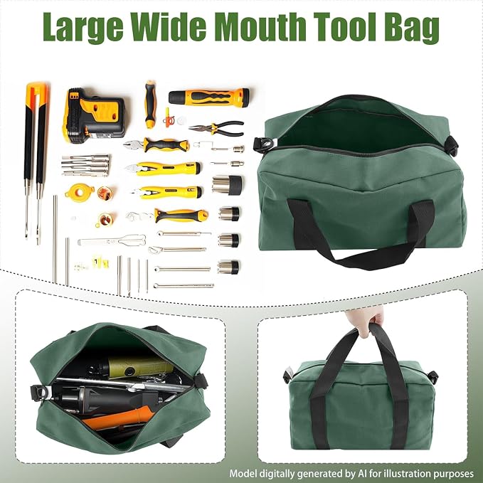Small Tool Bag,Close Top Wide Mouth Tool Organizer Bag,Large Capacity Tool Bags for Men,Canvas Tool Storage Bag for Storage Handbag for Screwdrivers,Wrench,Pliers Hand Tools (DarkGreen, 16 Inch)