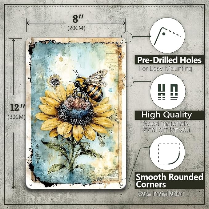 YOYI ART Metal Garden Signs for Outside - Vintage Bee Sunflower Sign, Outdoor Signs for Patio, Backyard, Farmhouse, Garden, Porch, Home and Yard Wall Decor Art, Gifts for Women, 8 x 12 inch