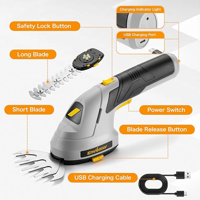 Enventor Cordless Hedge Trimmer and Grass Shear, 7.4V 2000mAh Rechargeable Battery, 2-in-1 Handheld Electric Grass Trimmer, Small Hedge Cutter with 2 Interchangeable Blades