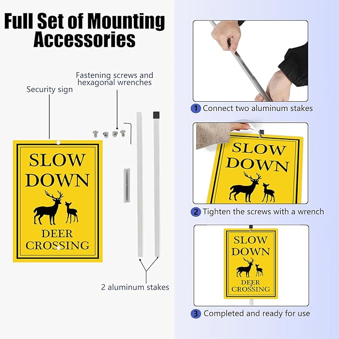 Deer Crossing Sign Slow Down Yard Sign with Stake Rustproof Reflective Aluminum Caution Safety Signs Drive Slowly Watch for Deer Animal Sign for Street Neighborhoods
