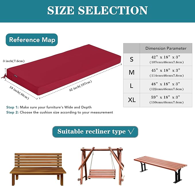 Outdoor Bench Cushions 48 x 18 Inch Thick Waterproof Porch Swing Cushions with Tie Patio Furniture Chair Cushion Bench Pad Color Fastness Backyard Seat Pads Burgundy