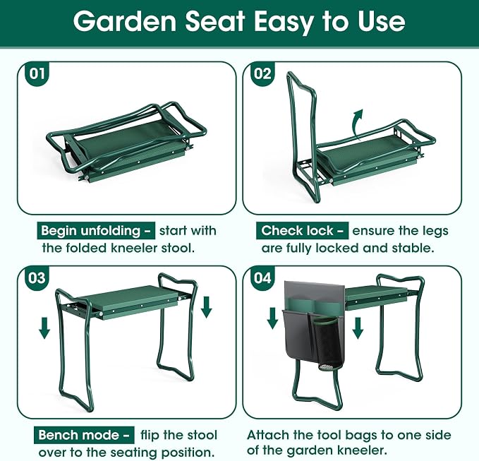 OAOA innovation 2-in-1 Garden Kneeler with Umbrella, Kneeling Bench & Grey Umbrella, Portable Stool 330lb Capacity, Garden Tools Bag with Bottle Holder, Gardening Gift for Men Women Seniors