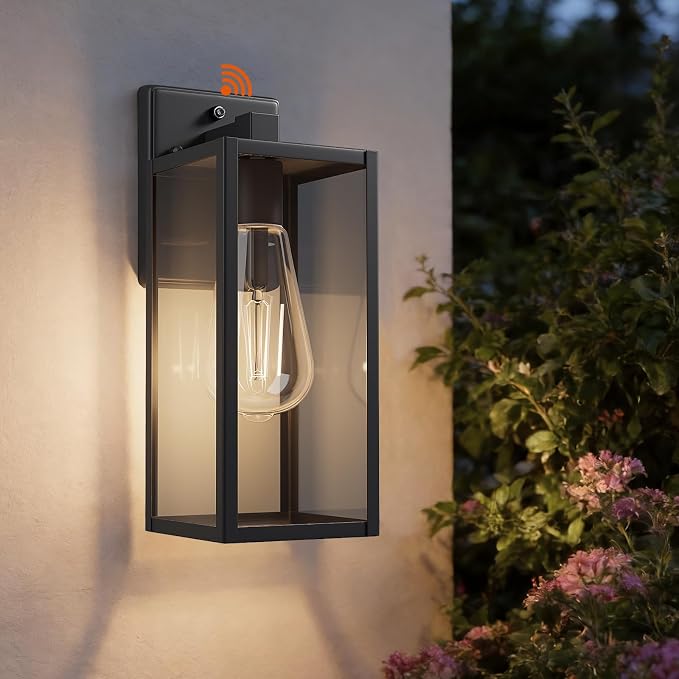 15'' Dusk to Dawn Outdoor Porch Lighting Fixtures Wall Mount, Sensor Exterior Wall Light for House, Ouside Lantern Lamp, Waterproof Wall Sconce Lights, Black Metal Coach Light for Garage Entryway