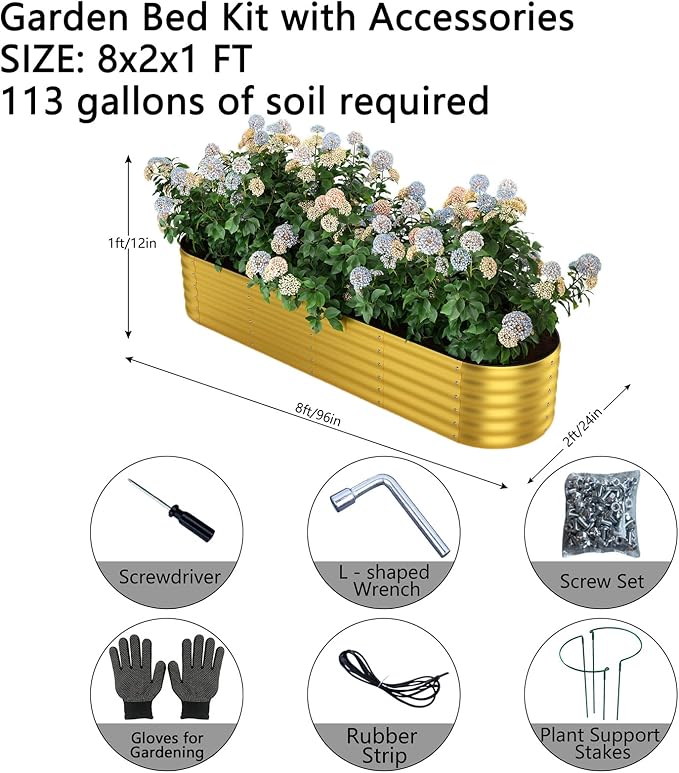 ZFHgarden Galvanized Metal Planter Round Raised Garden Bed Kit for Gardening Outdoor Garden Box Raised Flower Bed 1PC Gold 8X2X1FT