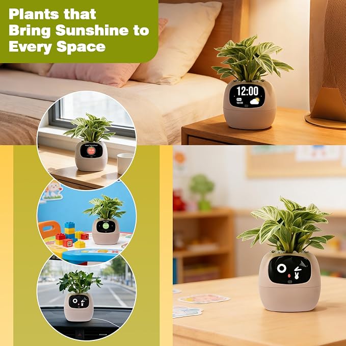 Smart Plant Pot with Visual Display – Soil Moisture, Water Level, Light & Battery Monitor, 80ml Self-Watering Reservoir, Supports 100+ Plants, Pomodoro Timer, Clock & Calendar (Blush)
