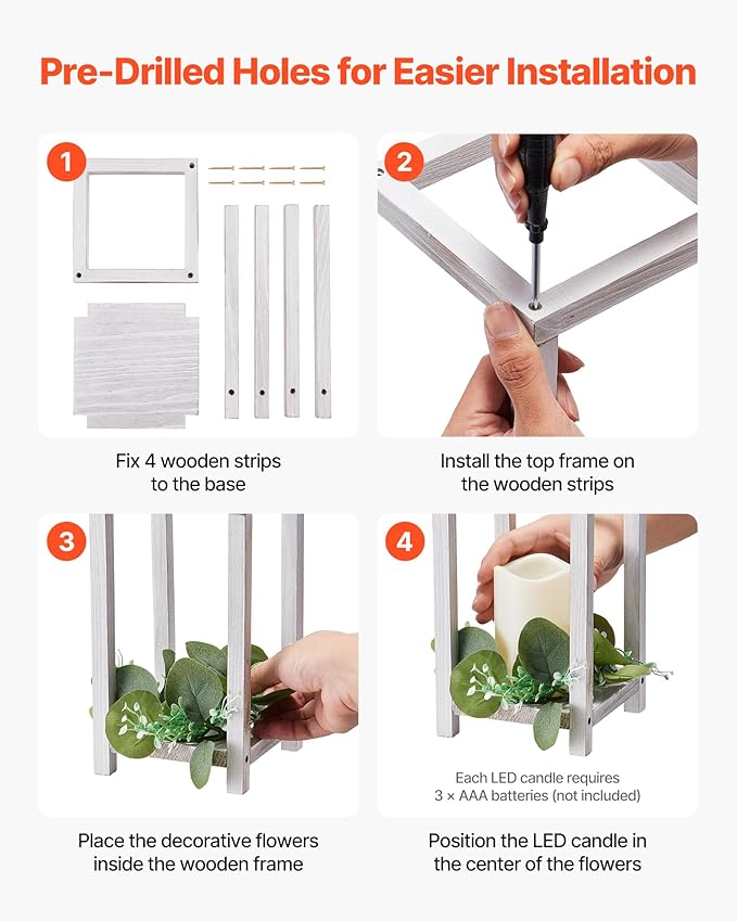 VEVOR 12 Set/36 Pcs Wooden Wedding Lantern Centerpiece, Includes 12 Wooden Lantern Candle Holder 12 Flameless LED Candle 12 Eucalyptus Leaves Wreath for Wedding Table Party Farmhouse Decor, White