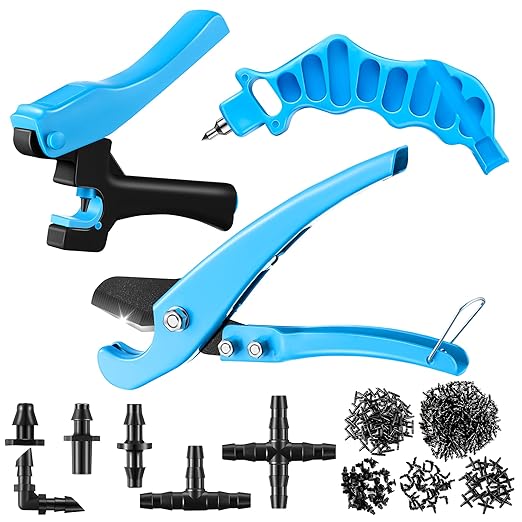 Feekoon Irrigation Drip Tools with Barbed Connectors, 2-in-1 Drip System Punch Tool for 1/4" Fitting, 16 20 25mm PE Pipe & Emitter; Ideal for Garden & DIY Watering System(Blue,345 Irrigation Plugs)