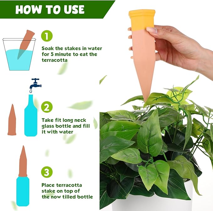 Jovitec 10 Pieces Terracotta Plant Watering Stakes Self Watering Spikes Automatic Plant Waterers Devices for Indoor Outdoor Home and Office Plants (Multi Color)