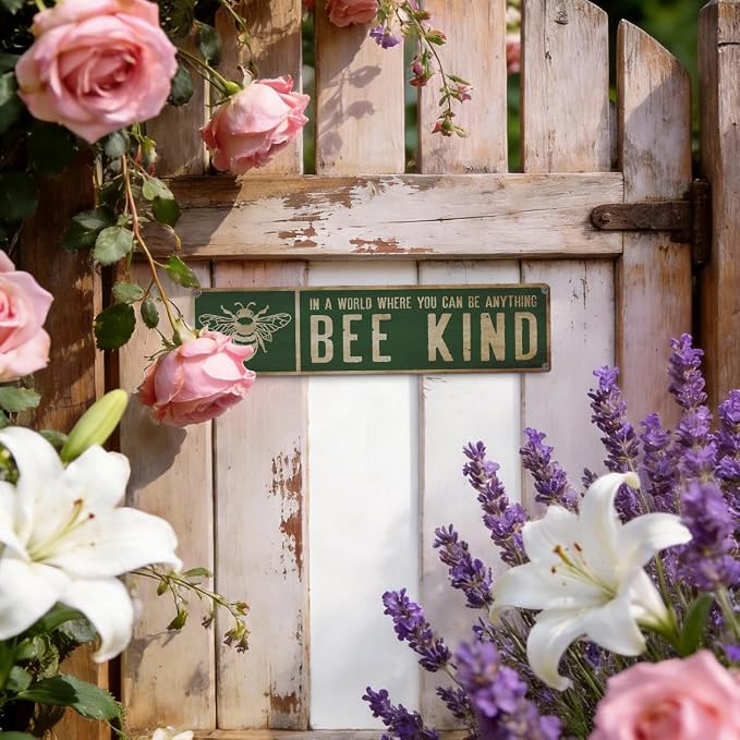 Garden Metal Tin Signs, Bee Kind Sign, Vintage Farmhouse Bee Wall Art, for Garden Yard Fence Door Porch, Rustic Indoor Outdoor Gardens Decoration, 15.7 x 3.9 Inches
