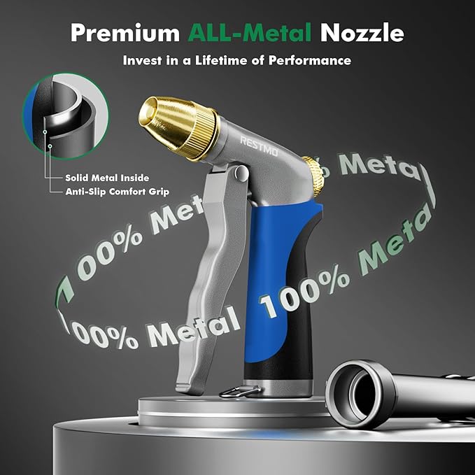 RESTMO Heavy Duty Metal Water Hose Nozzle, High Pressure Garden Hose Nozzle, Hose Sprayer Nozzle with Adjustable Spray Patterns for Garden Watering, Car Washing, Patio and Pet, Blue