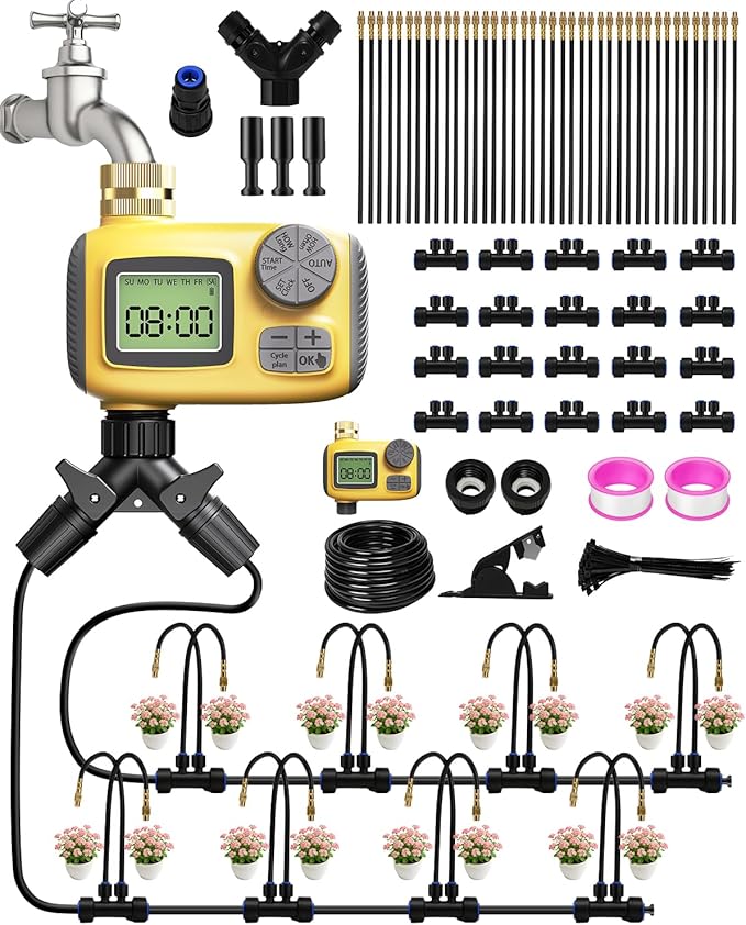 66FT Drip Irrigation System with Timer, Automatic Watering System Kit with Solid Brass Metal Connectors, 360° Dual‑Outlet Adjustable Nozzles for Garden, Yard, Lawn, Greenhouse & Potted Plants