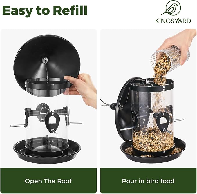 Kingsyard 4.5-Cups Large Metal Bird Feeders for Outdoors Hanging with 8 Ports, Tube Bird Feeder with Seed Tray, Weatherproof Chew Proof Roof for Cardinal Finch, Black