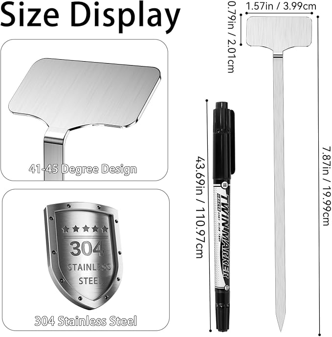304 Stainless Steel Plant Label, 20 Waterproof Metal Plant Label Stakes and Marker Pen, 7.87" Garden Markers for Outdoor Indoor Plants Identification.