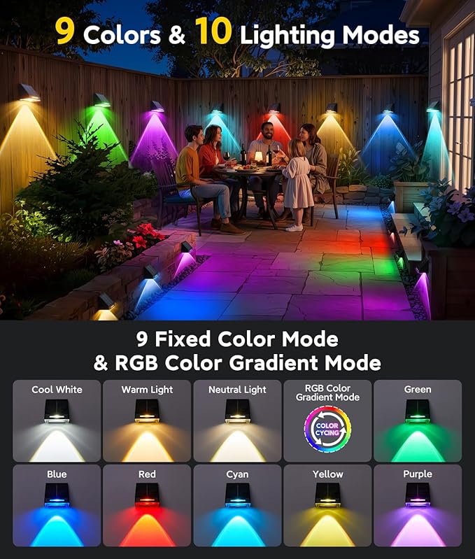 KOOPER Solar Fence Lights Outdoor Waterproof 2 Pack, Solar Fence Lights with Ultra-Bright LED Lens, 10 Modes & 9 Colors Outdoor Solar Lights for Fence, Backyard, Railing, Patio, Wall, Step, Deck