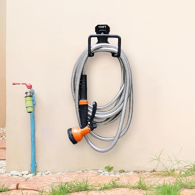Besiter Garden Hose 100FT Stainless Steel Water Hose with 10 Functions Adjustable Spray Nozzle, Heavy-Duty Metal Garden Hose Flexible Durable No-Tangle & Kink Leak Dog Proof Hose for Yard Lawn(Orange)