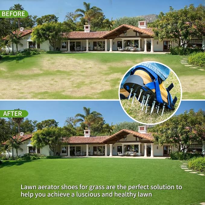 Lawn Aerator Shoes Pre-Assembled, Heavy Duty Lawn Spike Shoes with Adjustable Straps, Soil Aerating Tools for Yard Patio Garden, Includes Cleaning Shovel, Restores Lawn Health (Blue)