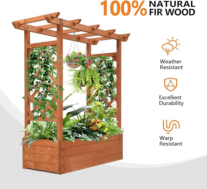 VINGLI Raised Garden Bed with Trellis & Hanging Roof, Wooden Elevated Planter Box with Drainage Holes for Outdoor Climbing Plants Vegetables Flowers, Patio Yard Balcony (Teak, Medium)