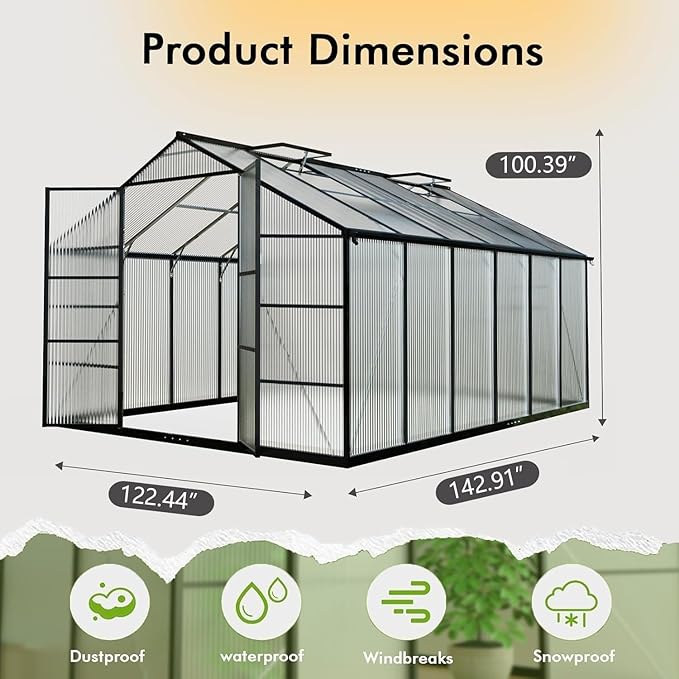 10X12FT Greenhouse for Outdoors with Electronic Thermometers, Green Houses for Outside Heavy Duty with Aluminum Frame Withstands Strong Wind or Snow, Large Walk-in Greenhouse for Backyard or Garden