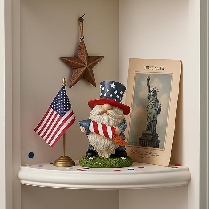 Patriotic Garden Gnome Statue with Firework – Resin Fourth of July Gnome Decoration for Yard, Garden & Home, Independence Day Decor