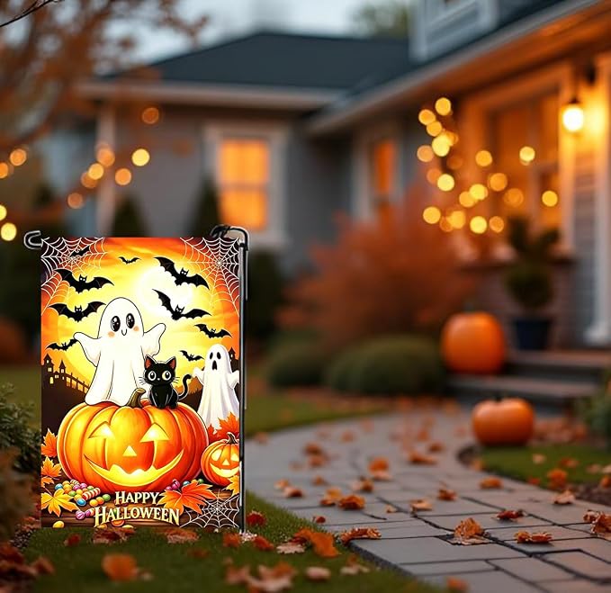 Happy Halloween Ghose Black Cat Garden Flags for Outside 12x18 Inch Double Sided, Small Burlap Holiday Outdoor Garden Flag Halloween Decorations for Home Porch Yard Lawn Décor