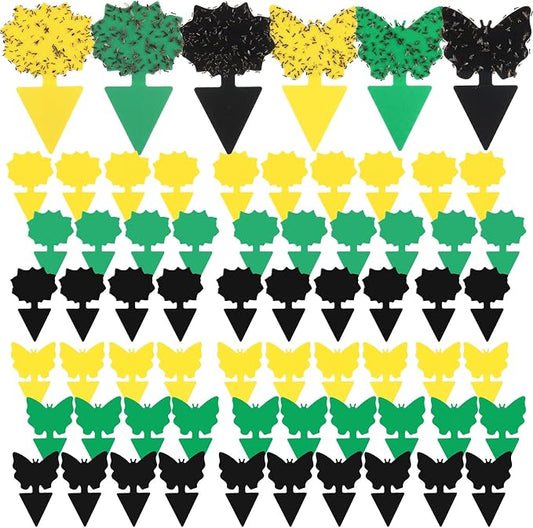 60 Pack Fruit Fly Traps Fungus Gnat Sticky Traps Yellow Black Green Plant Fly Stickers Double Side with Shovel for Indoor Outdoor Kitchen Garden Houseplant Flying Bug Insect (Mixed Style)