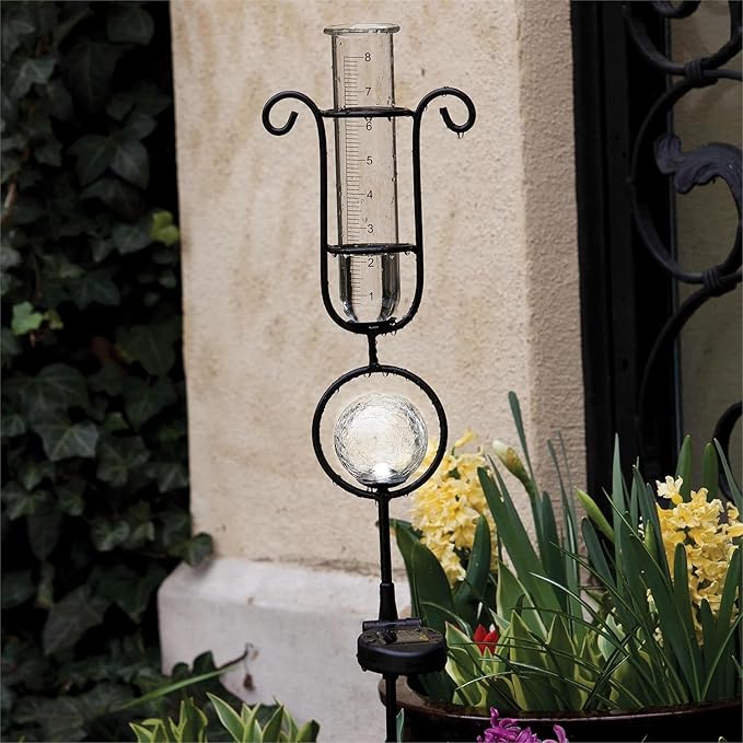 Rain Gauge with Solar Light Garden Stake,Metal and Glass,6x5.5x33.5 Inches