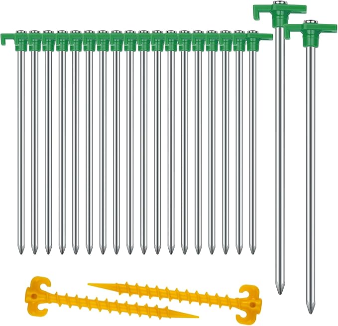 Tent Stakes Heavy Duty Camping Stakes,AVOFOREST 9.8inch Non-Rust Metal Tent Pegs Ground Stakes Tent Spikes Camping,Garden,Hiking Green (Green 20+2pcs, 10IN)