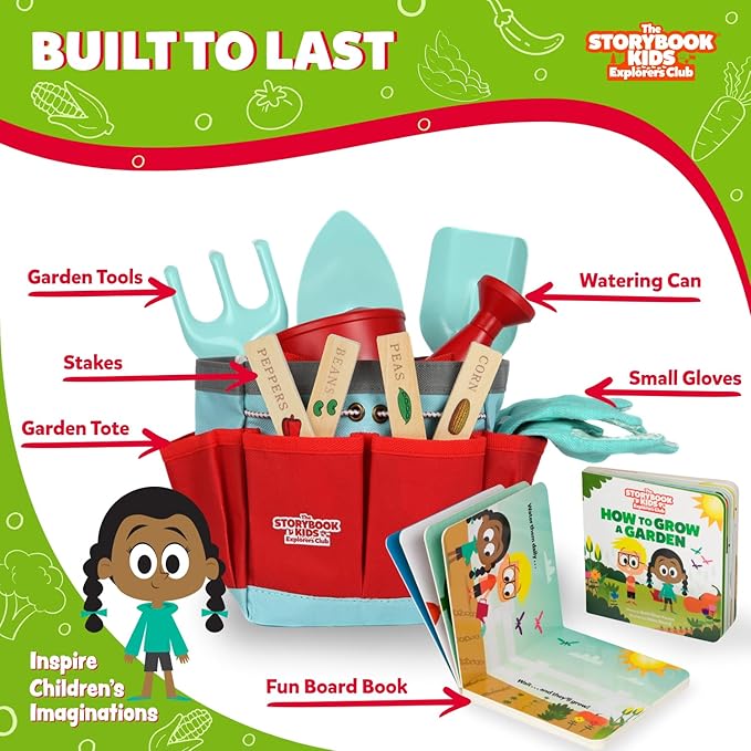 Kids Gardening Set – Toddler Gardening Kit Includes Watering Can for Kids, Shovel, Rake, Plant Stakes, Kids Gardening Gloves, Tote Bag & STEM Learning Gardening Guide Book - Garden Tool Set RED