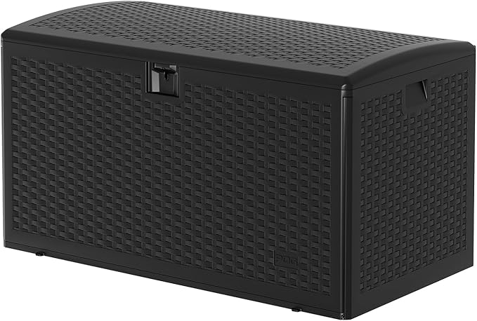 120 Gallons Outdoor Storage Box, Lockable Resin Deck Box for Outside Patio Furniture Cushion, Pool Supply, with Hydraulic Hinge, UV-Resistant and Weatherproof, Rattan Black
