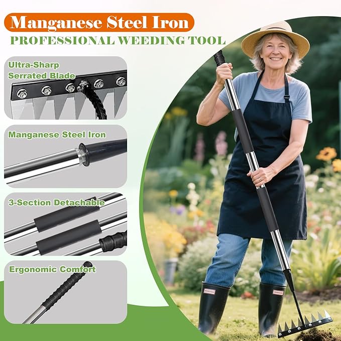 Garden Weeding Rake, Iron Weed Rake with Long Handle(27" - 60"), Heavy Duty 6 Teeth Manganese Steel Iron Weeding Rakes for Weeding, Yard, Farm...