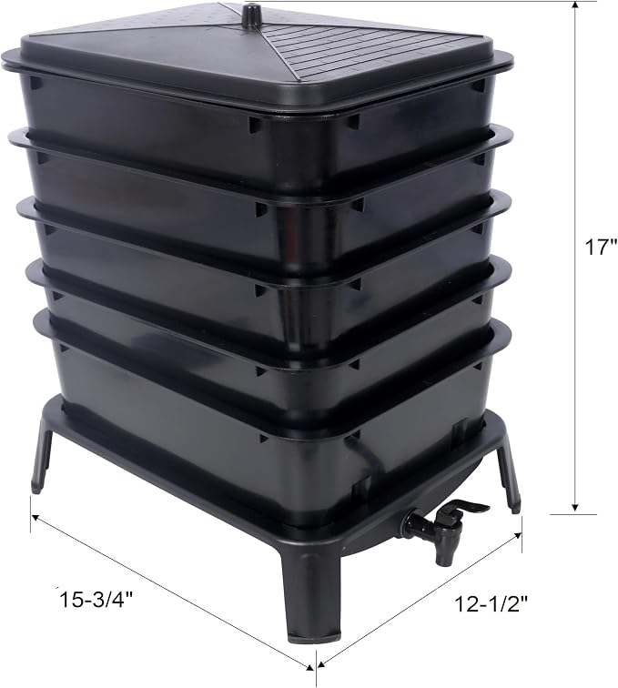 5-Layer Worm Bin with Worm Farm Kit, 50L Worm Composter Indoor & Outdoor with A Tap for Recycling Food Waste, Worm Castings, Easy Setup (Black, 5-Layer)