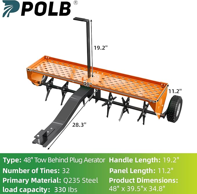 PPOLB 48" Lawn Aerator Tow Behind, Plug Aerator Tow Behind with Universal Hich, Orange Painted Galvanized Steel with Tray and Inflatable Wheels, Pull Behind Aerator for Garden, Farm and Lawn