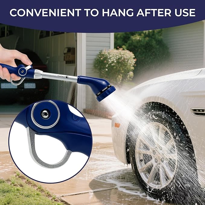HugeDawn Garden Hose Wand, 16-Inch Heavy Duty Zinc Alloy & Aluminum Watering Wand with 8 Spray Patterns Thumb Control for Hanging Baskets, Garden, Cleaning (Blue)