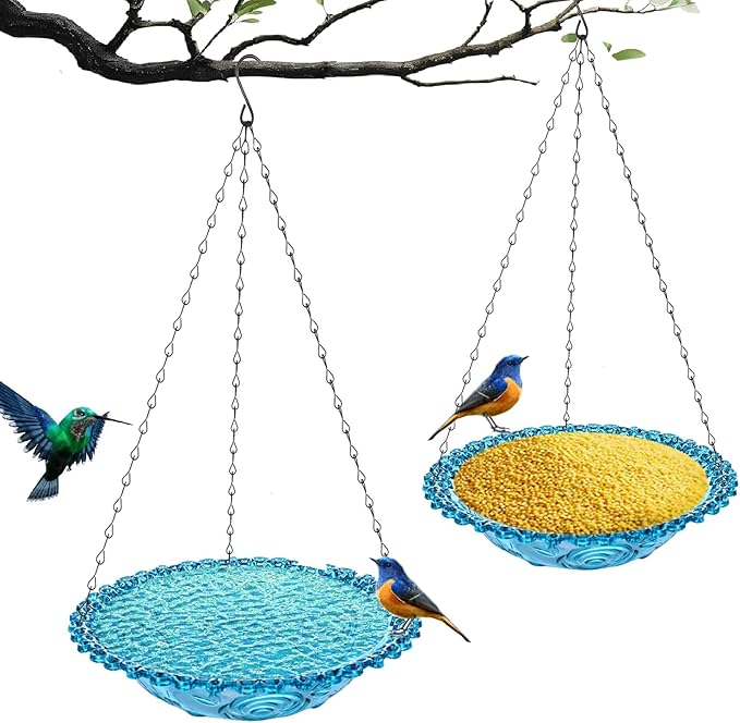 2 Pack Hanging Bird Baths Bowl Outdoor Bird Feeder 15.7 Inch Metal Chains, Weather-Resistant Hanging Bird Feeder & Bath Tray for Garden, Patio, Backyard Wildlife Decor (2P Blue)