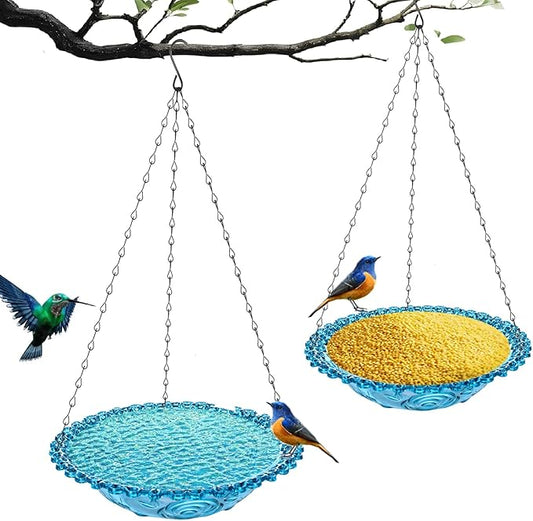 2 Pack Hanging Bird Baths Bowl Outdoor Bird Feeder 15.7 Inch Metal Chains, Weather-Resistant Hanging Bird Feeder & Bath Tray for Garden, Patio, Backyard Wildlife Decor (2P Blue)