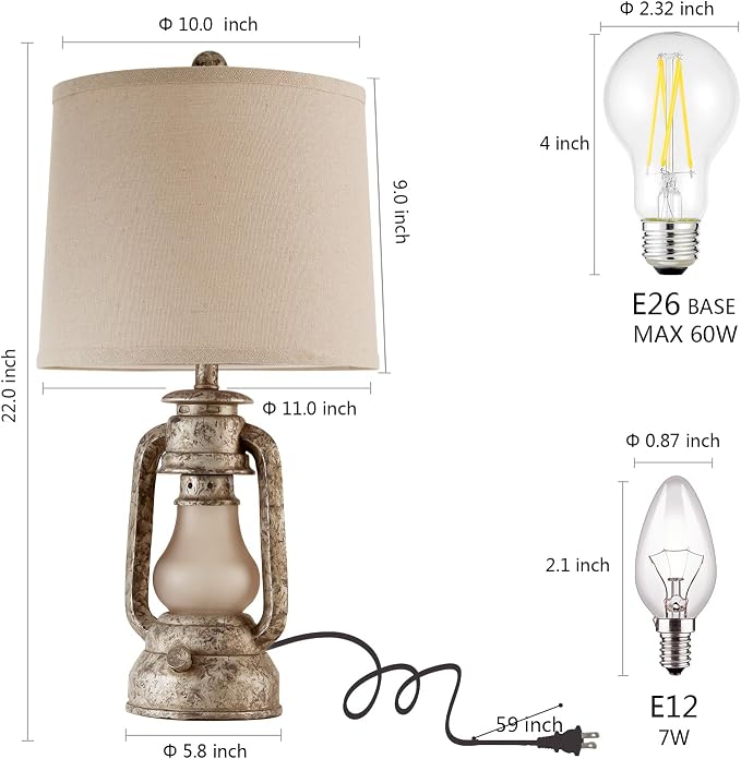 Farmhouse Rustic Table Lamps Set of 2, Iron Gray | Vintage Lantern Design, Dual USB Ports, For Living Room Bedroom Bedside, 4 Bulbs Included