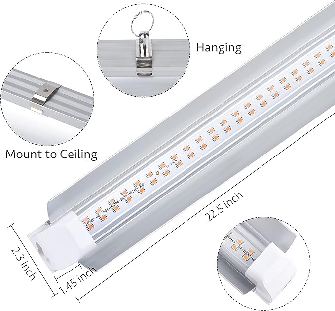 Grow Light, 2ft T8,100W(4 x 25W, 600W Equivalent), Super Bright, Full Spectrum Sunlight Plant Light, LED Grow Light Strips, Grow Lights for Indoor Plants,Greenhouse,4-Pack
