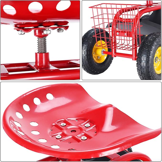 Giantex Rolling Garden Work Seat, 360 Swivel Gardening Workseat with Wheels, Tool Basket, Adjustable Height, Outdoor Scooter for Sitting, Gardening Stool Chair for Planting Trimming, Red