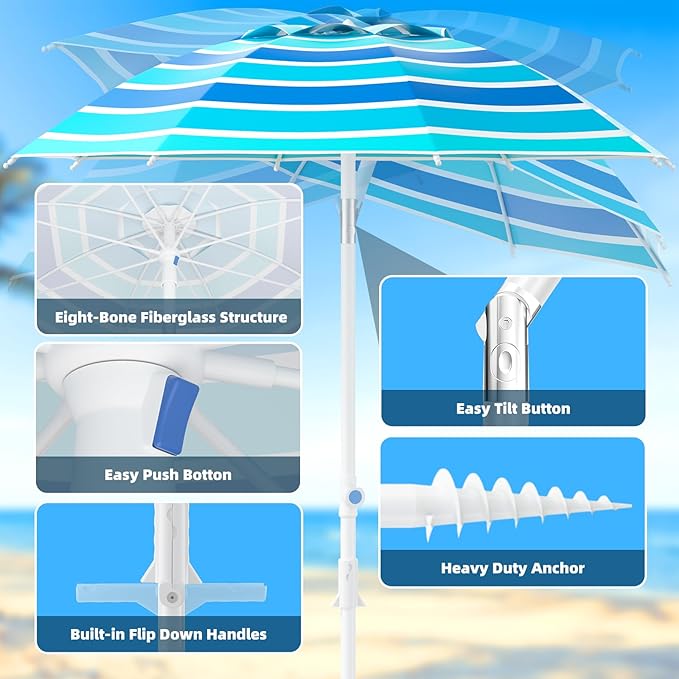 8FT. Large Beach Umbrella with Heavy Duty Sand Anchor & Tilt Sun Shelter, UPF50+ UV Protection, Wind Resistance, Waterproof Canopy, Portable for Beach Outdoor Patio Yard Garden Pool