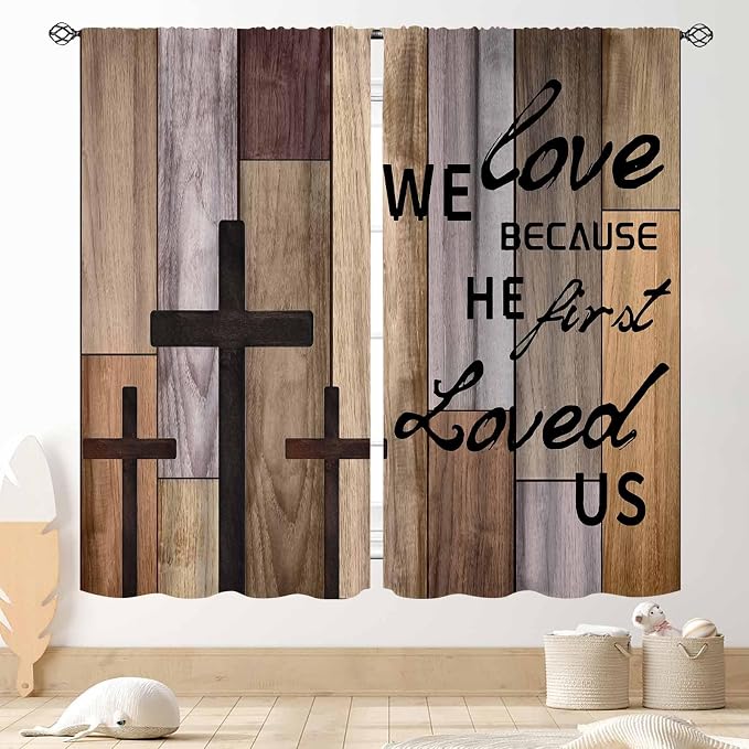 Farmhouse Wooden Curtains, Rustic Brown Wood Board Bible Verse Cross Country Cottage Western Barnwood Garage Old Plank Drapes Window Curtains for Living Room Bedroom Kitchen 2 Panels, 52"x84" Inch